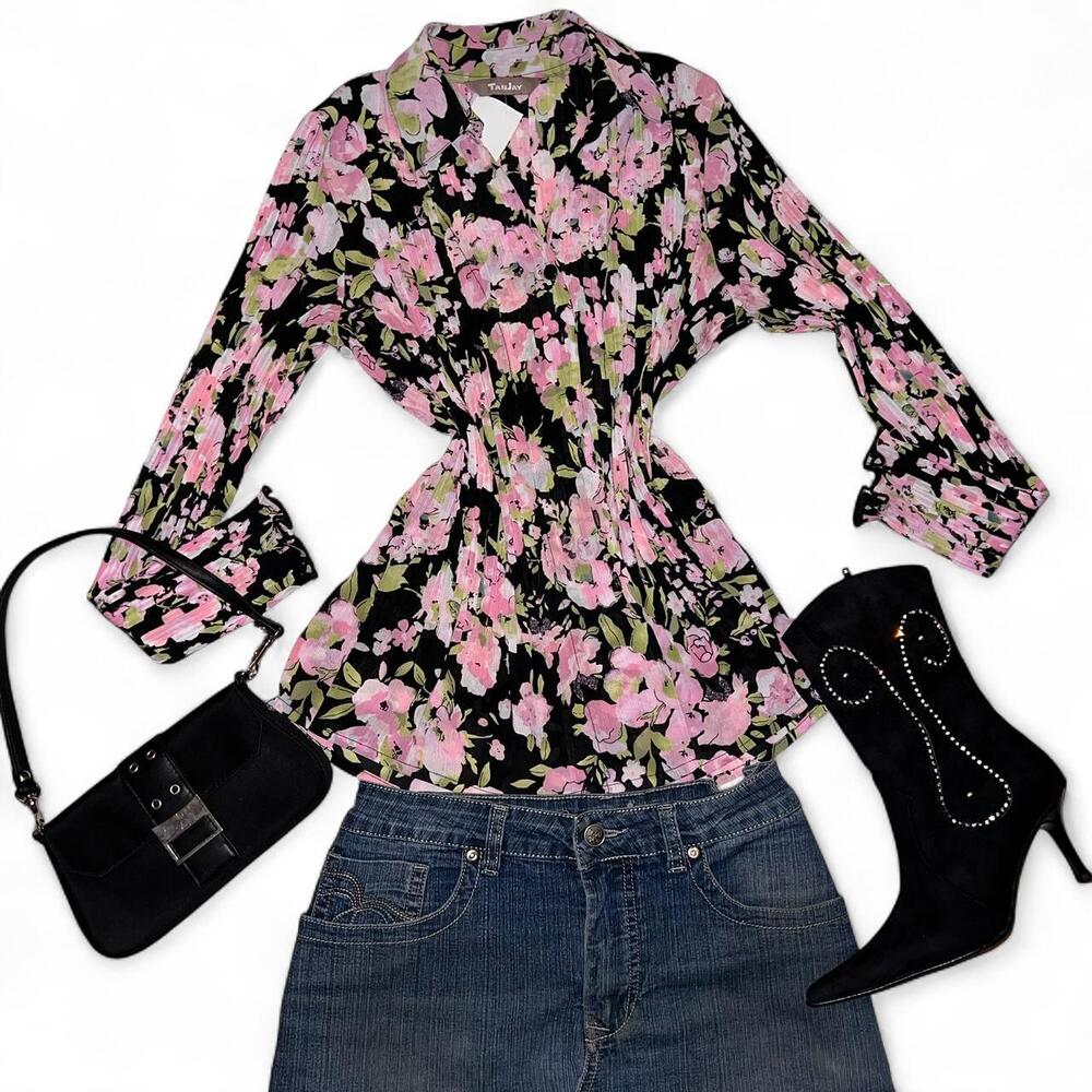 late 90s, y2k long-sleeve button-up blouse